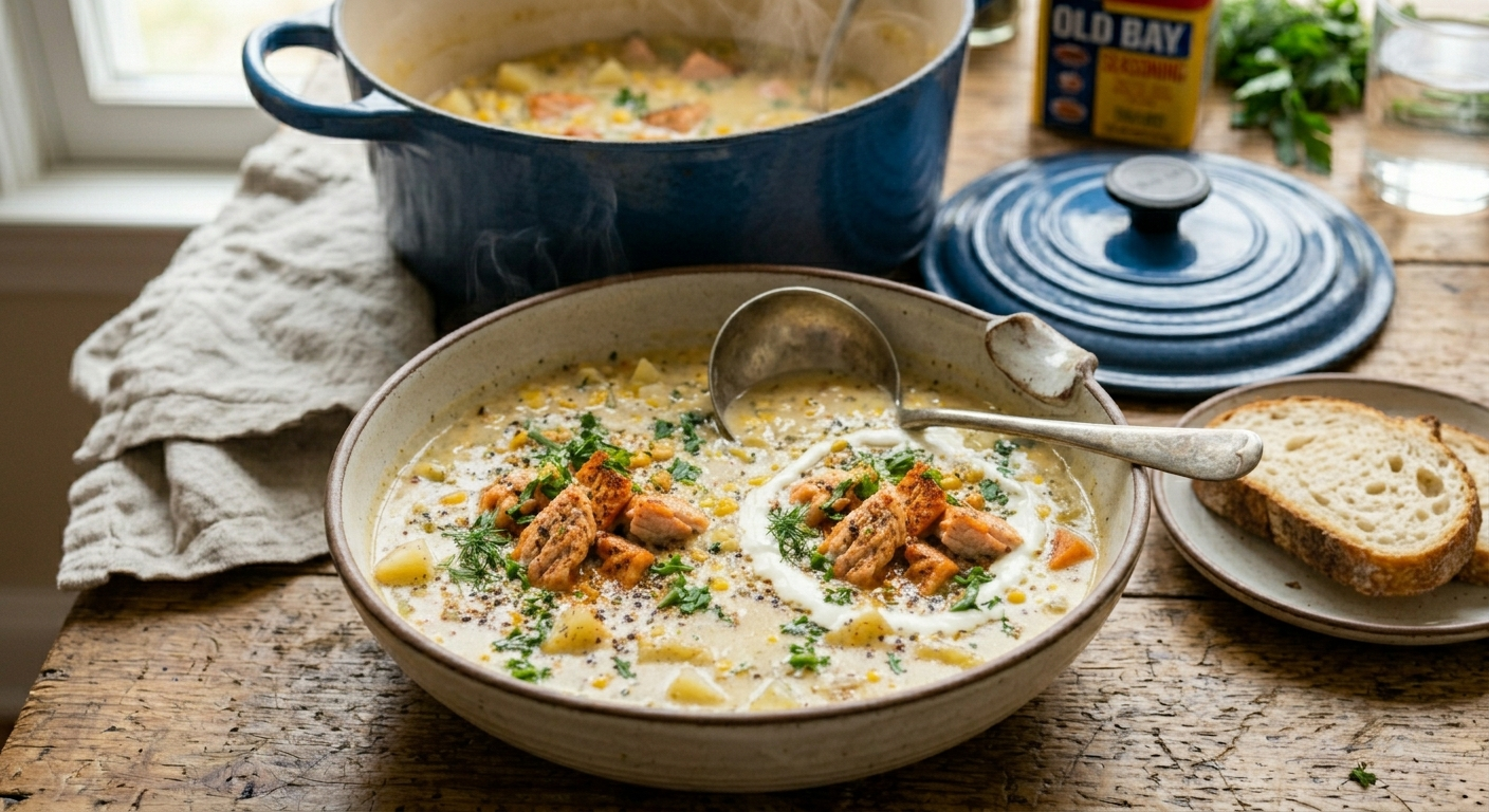 1 Pot Creamy Salmon Chowder Soup with Old Bay