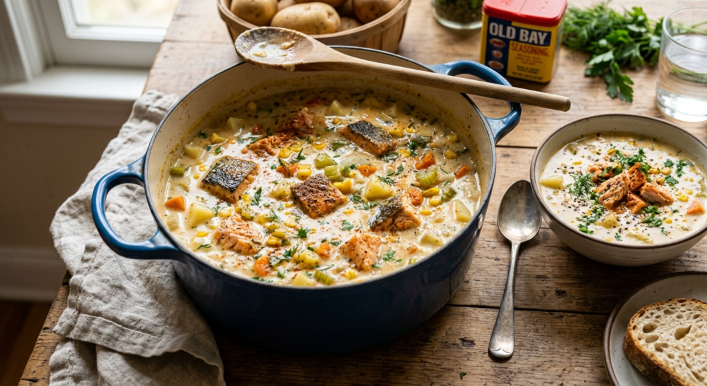1 Pot Creamy Salmon Chowder Soup with Old Bay